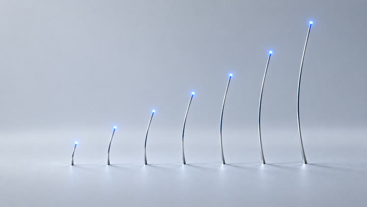 Seven chrome filaments rising in an ascending line