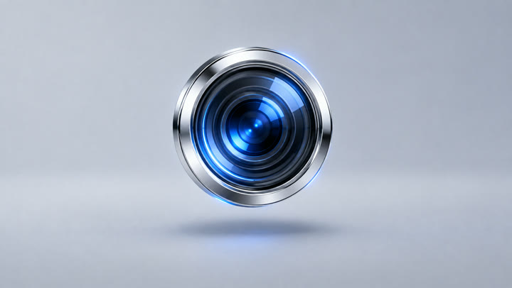 A chrome camera lens element with a blue iris
