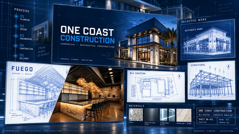One Coast Construction: the website and its blueprint-style brand system